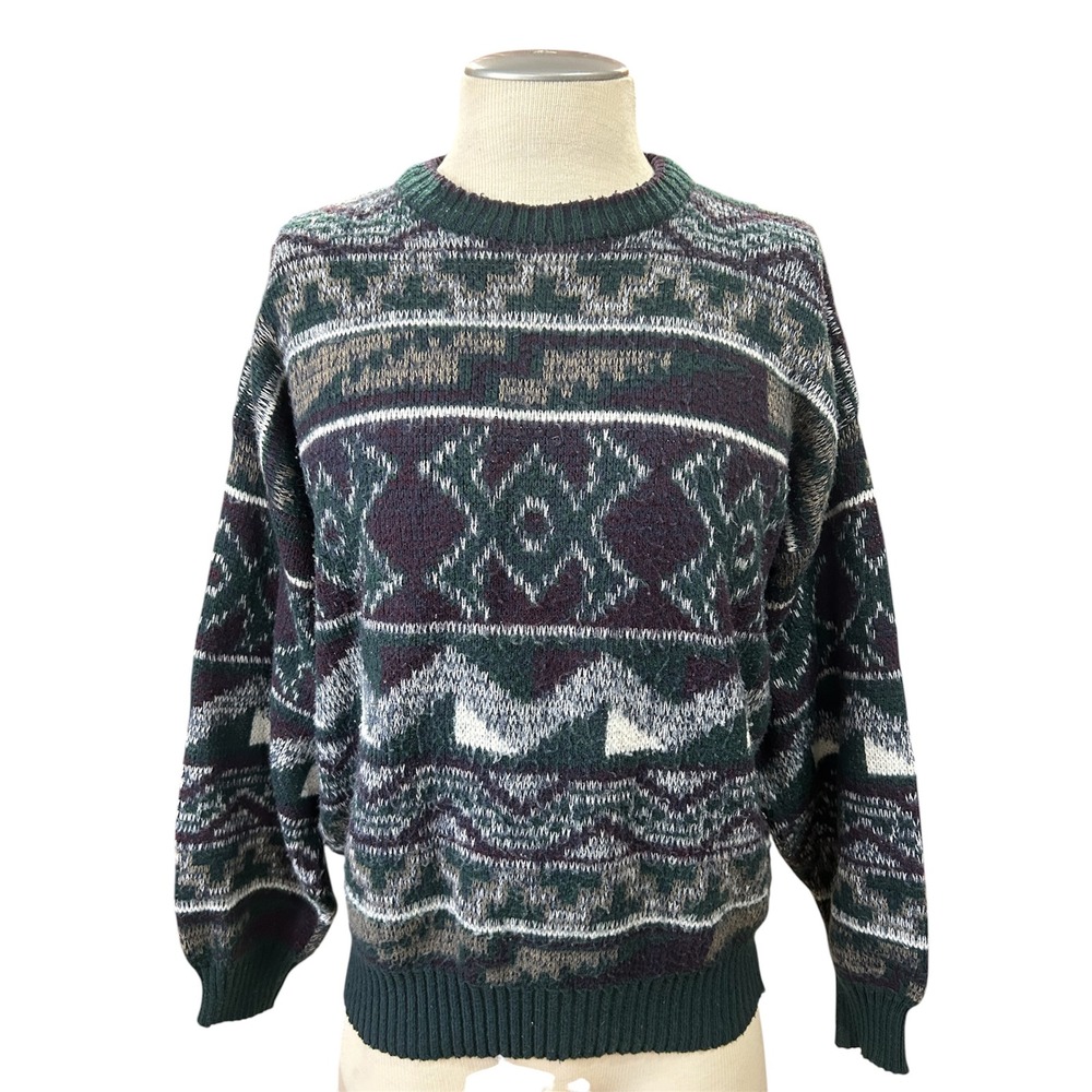 Michael Gerald Mens Vintage 90s Sweater L Green Geometric Southwestern Acrylic